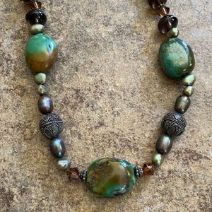 Crystal, pearl and turquoise necklace about 16”